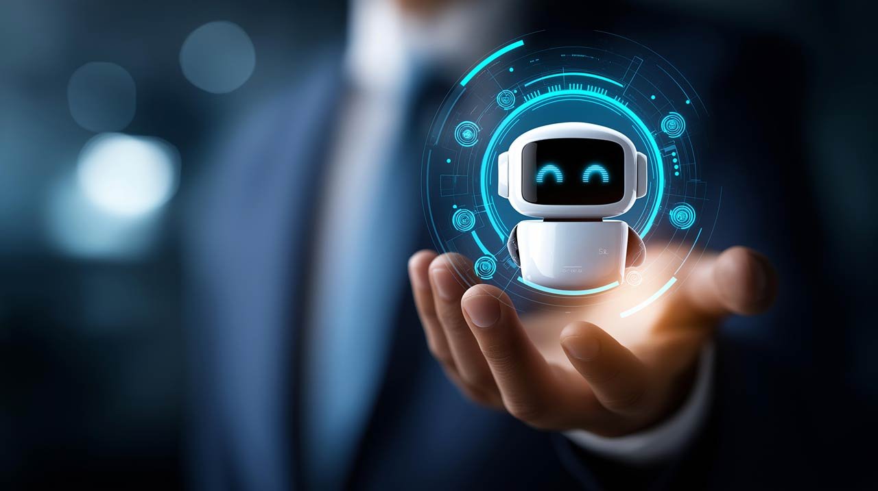 AI agent robot hologram held in hand with glowing digital interface