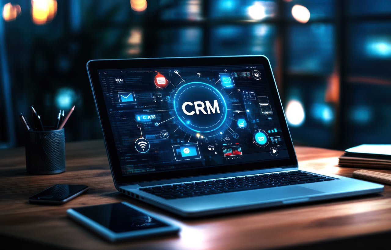 CRM automation dashboard on laptop with connected digital tools and analytics